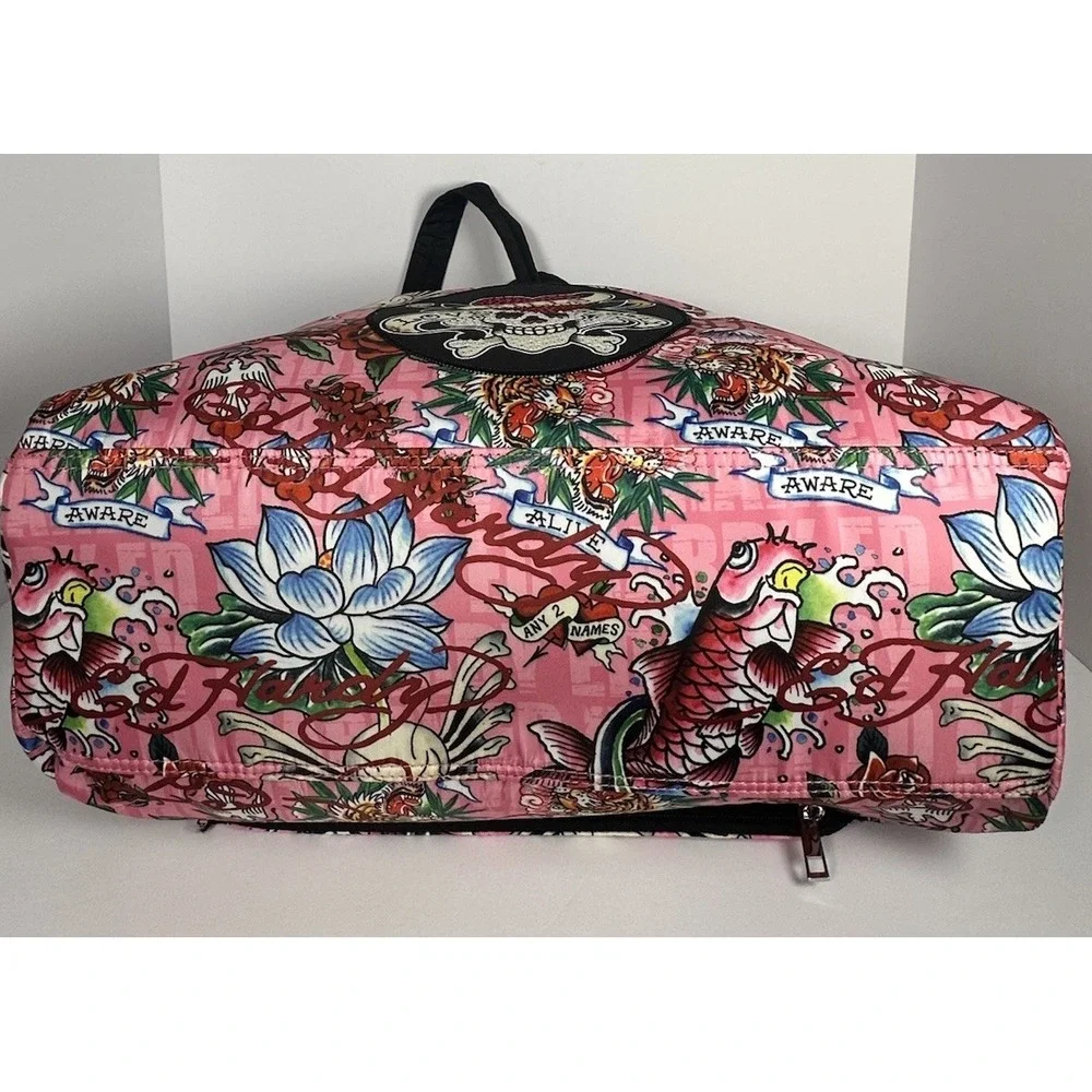 Ed Hardy Pink Tattoo Print Duffel Bag Kills Slowly Rhinestone Skull Weekender